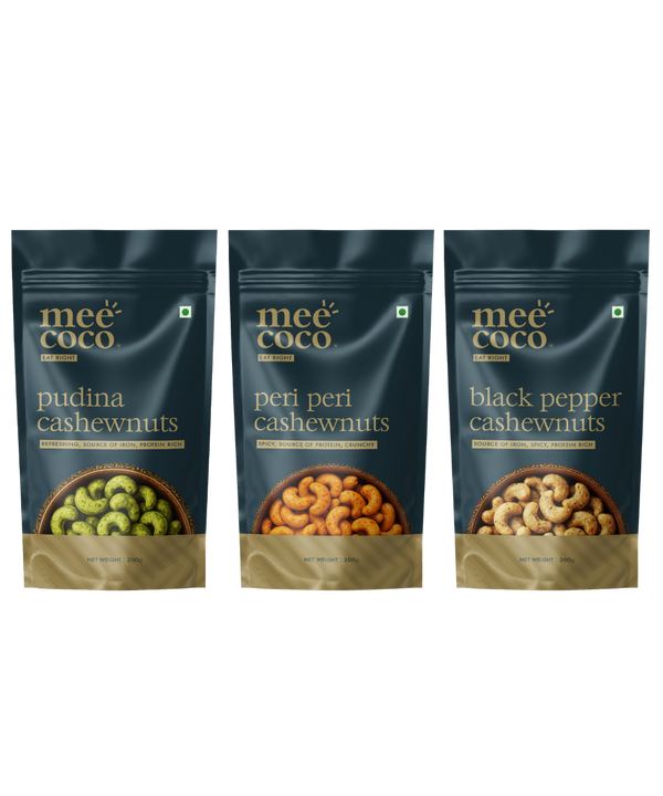 Spiced Cashews Combo: Peri peri cashews, Pudina cashews, Black Pepper cashews