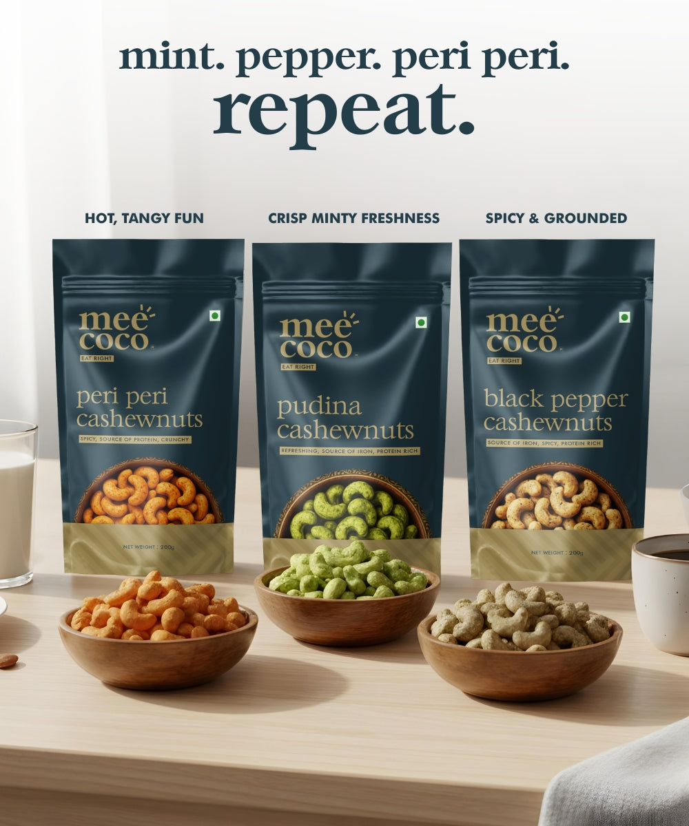 Spiced Cashews Combo: Peri peri cashews, Pudina cashews, Black Pepper cashews (200gm x 3)