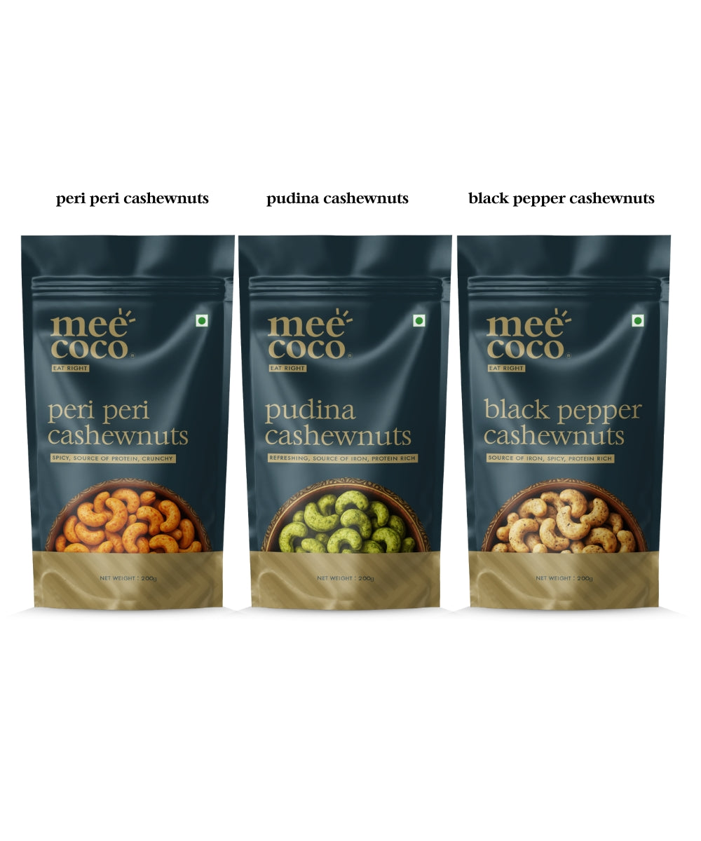 Spiced Cashews Combo: Peri peri cashews, Pudina cashews, Black Pepper cashews (200gm x 3)